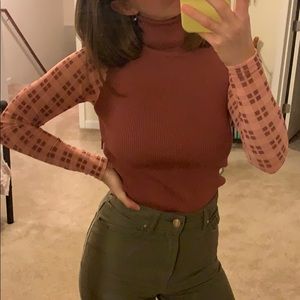 Ribbed Turtleneck with Sheer Sleeves